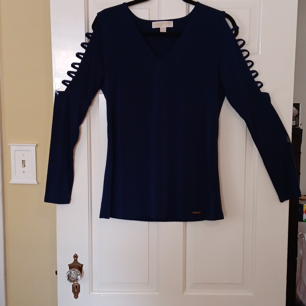 Micheal Kors Navy Blue Lattice Ladder Cut-Out Sleeve Blouse Boho Chic Small